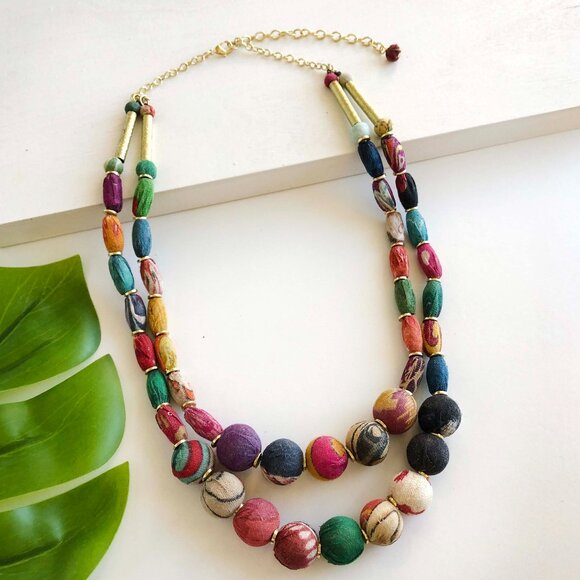 Fair Trade NWT 2 Strand Boho Necklace Handmade Upcycled Kantha Fabric Recycled - Picture 4 of 16